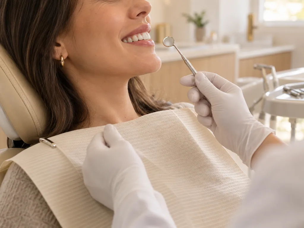 Paciente sorrindo na cadeira odontológica durante uma consulta de rotina