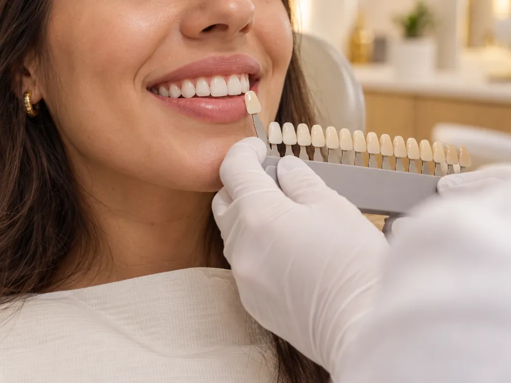 Sorriso natural com a escala de cor usada na restauração estética