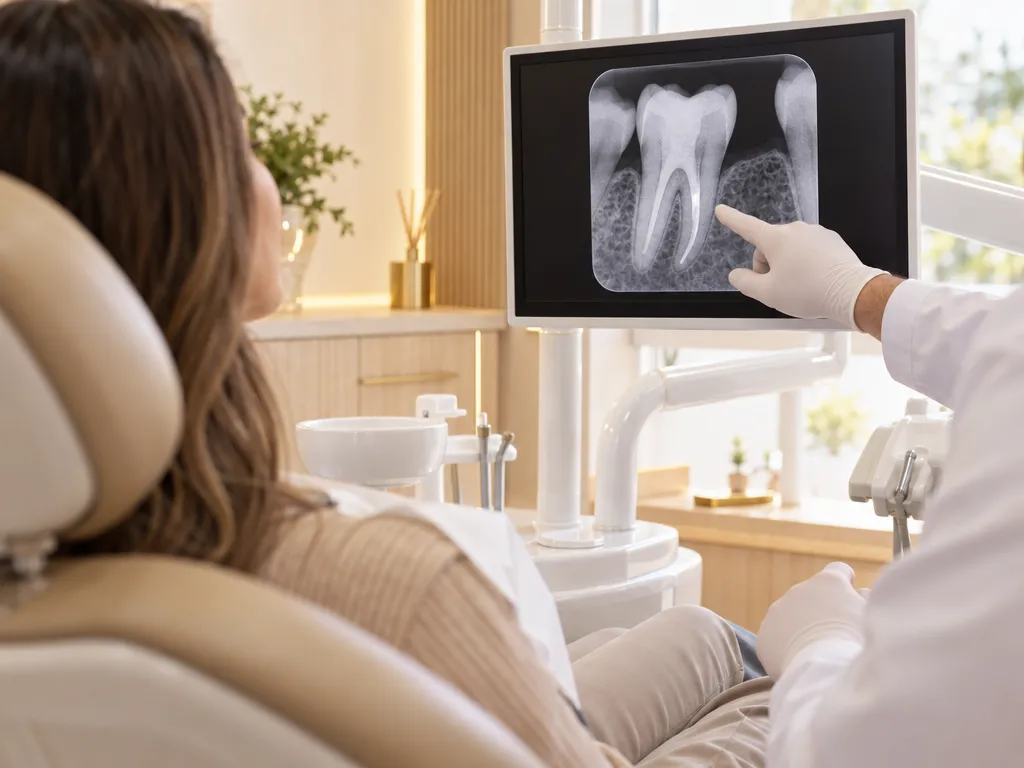 Dentista mostra a radiografia de um dente no monitor ao paciente