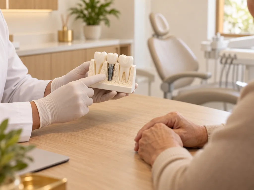 Mãos enluvadas mostram um modelo de implante dentário com coroa