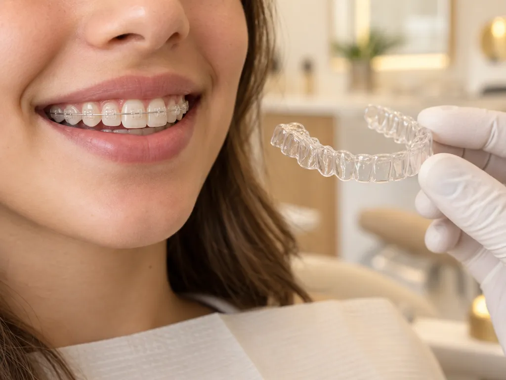 Sorriso com aparelho ortodôntico estético ao lado de um alinhador transparente
