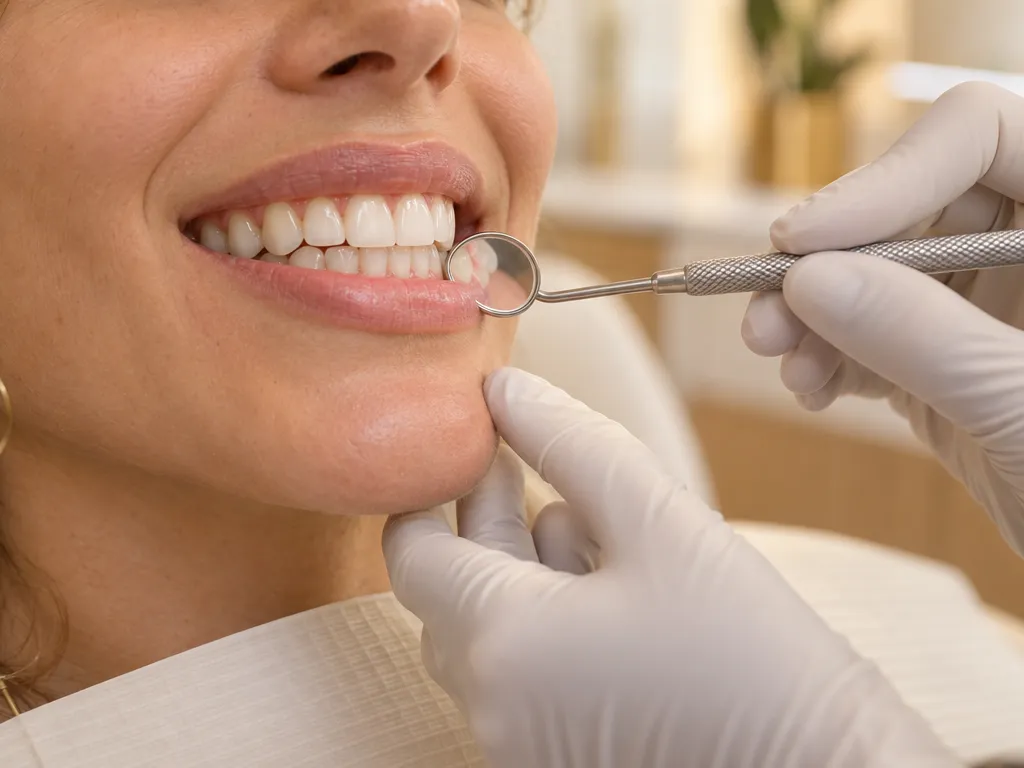 Sorriso com gengiva saudável durante o exame com espelho odontológico
