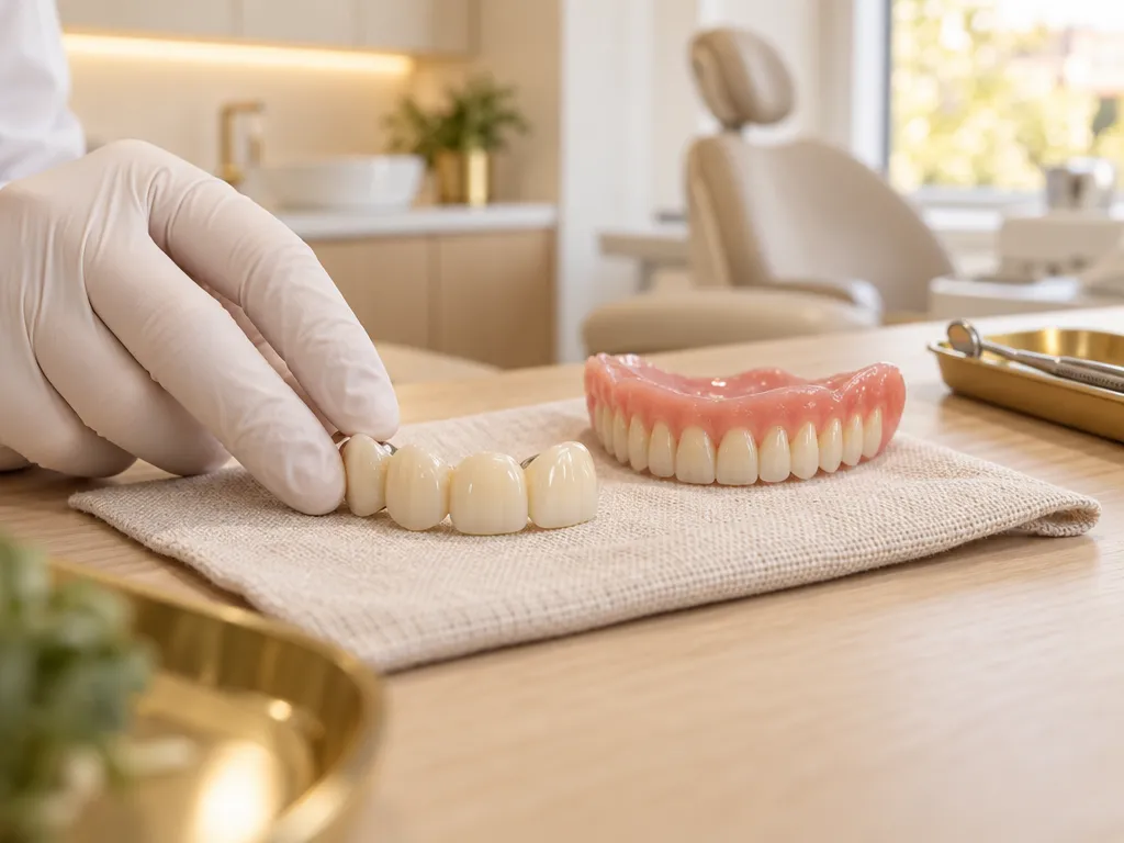 Prótese dentária em cerâmica sobre um tecido claro