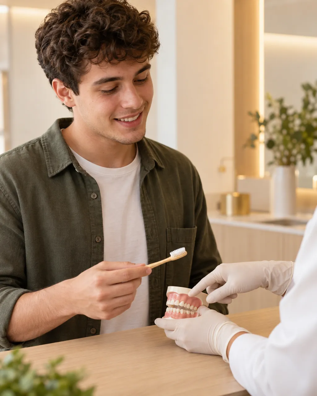 Rapaz no balcão, com escova na mão, ouvindo a explicação sobre um modelo de dentes