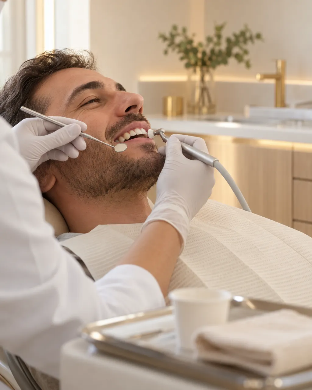 Paciente relaxado na cadeira durante uma limpeza profissional dos dentes