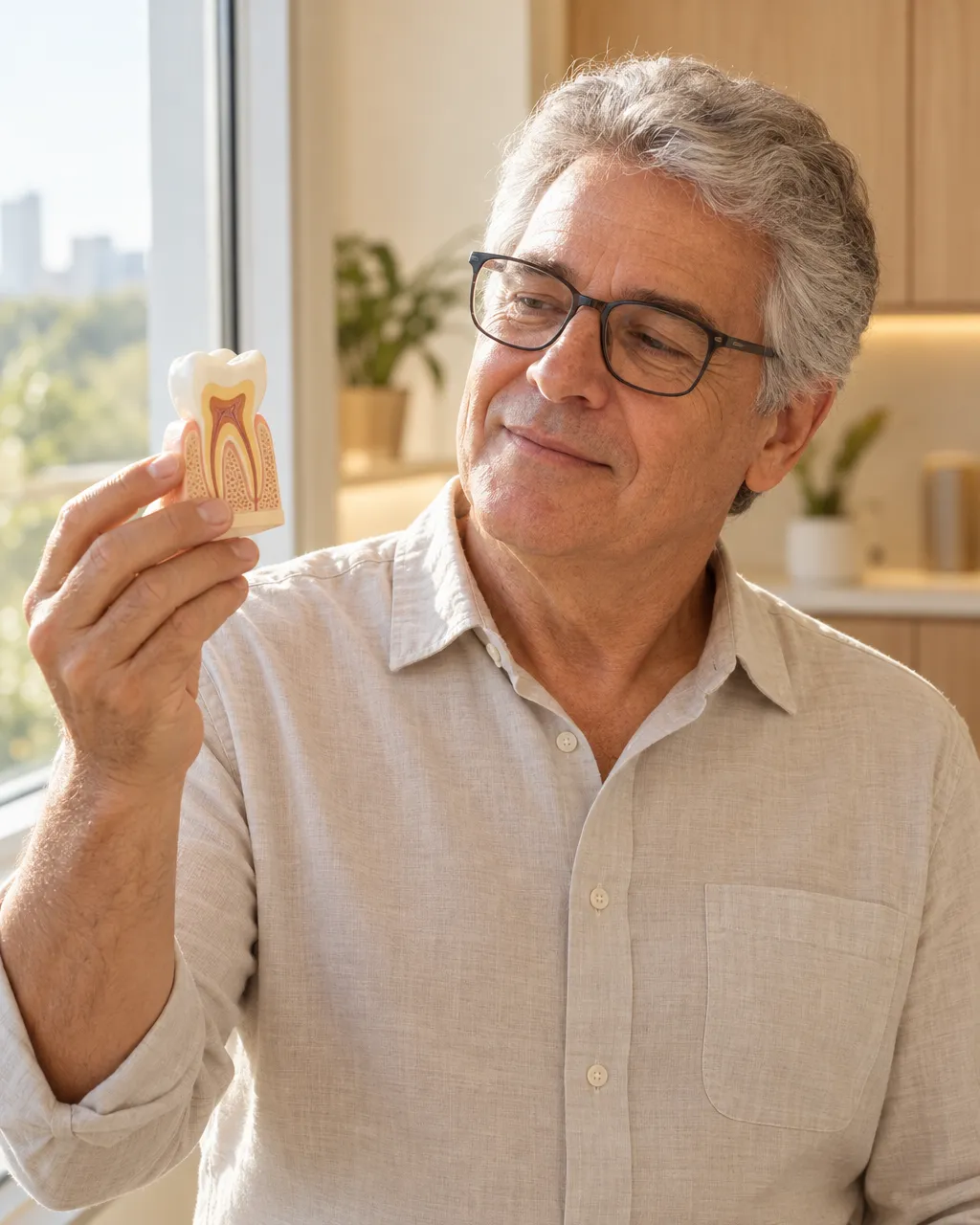Paciente junto à janela observando um modelo de dente aberto, que mostra o canal