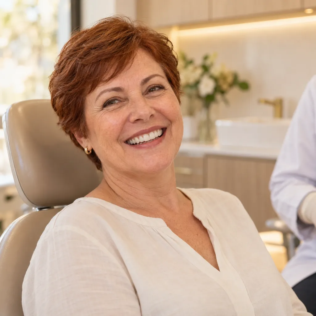 Paciente sorrindo na cadeira odontológica ao fim do atendimento