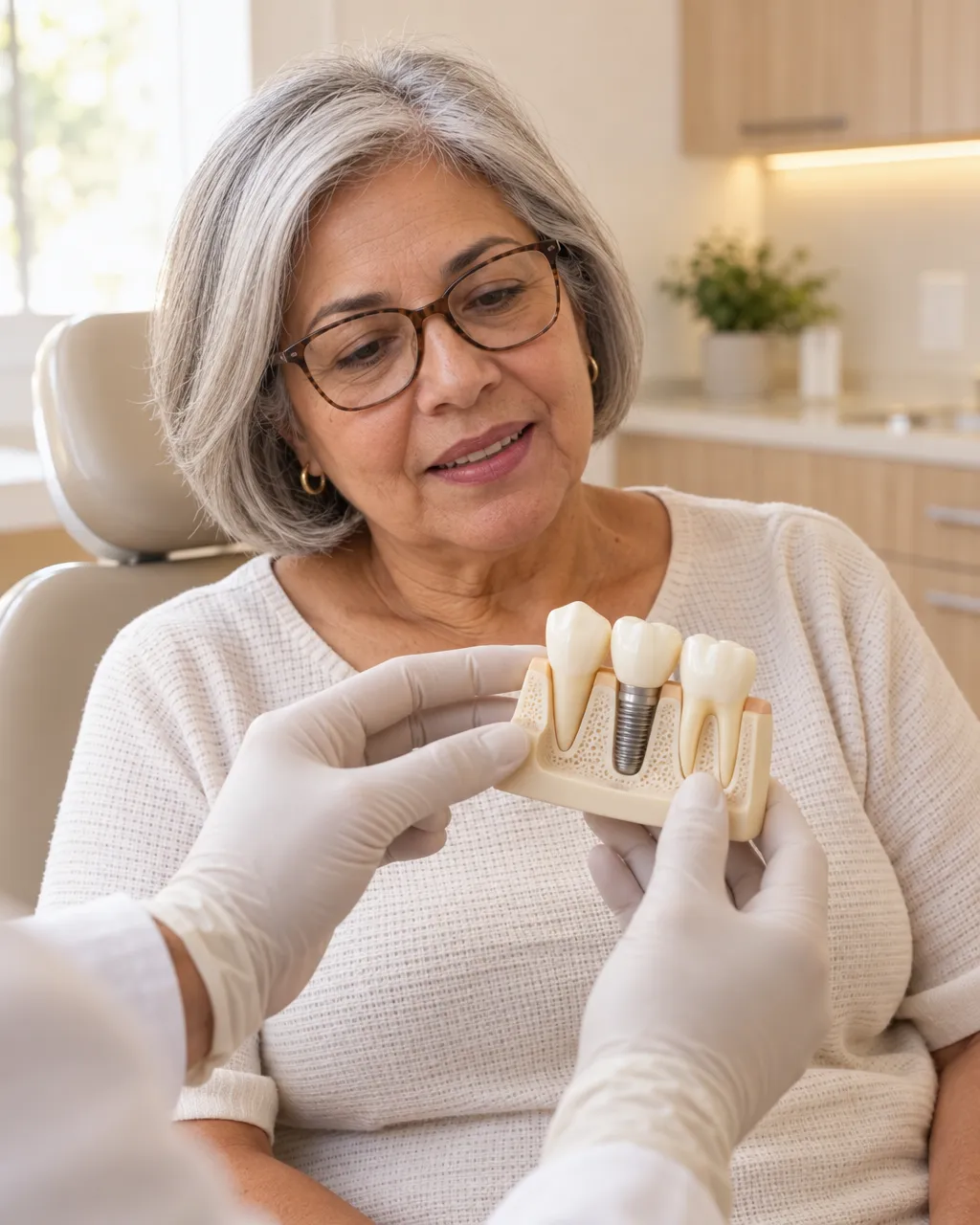 Mãos enluvadas mostram o modelo de um implante dentário a uma paciente