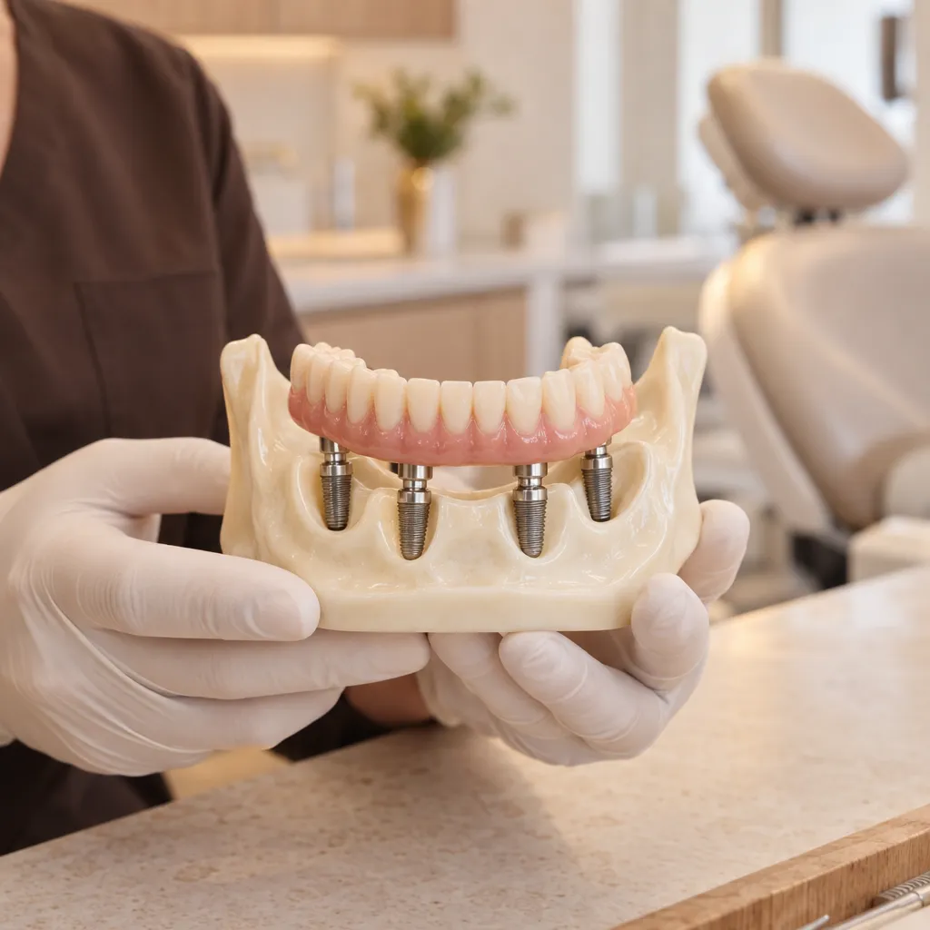 Modelo de prótese fixa com todos os dentes apoiada sobre implantes