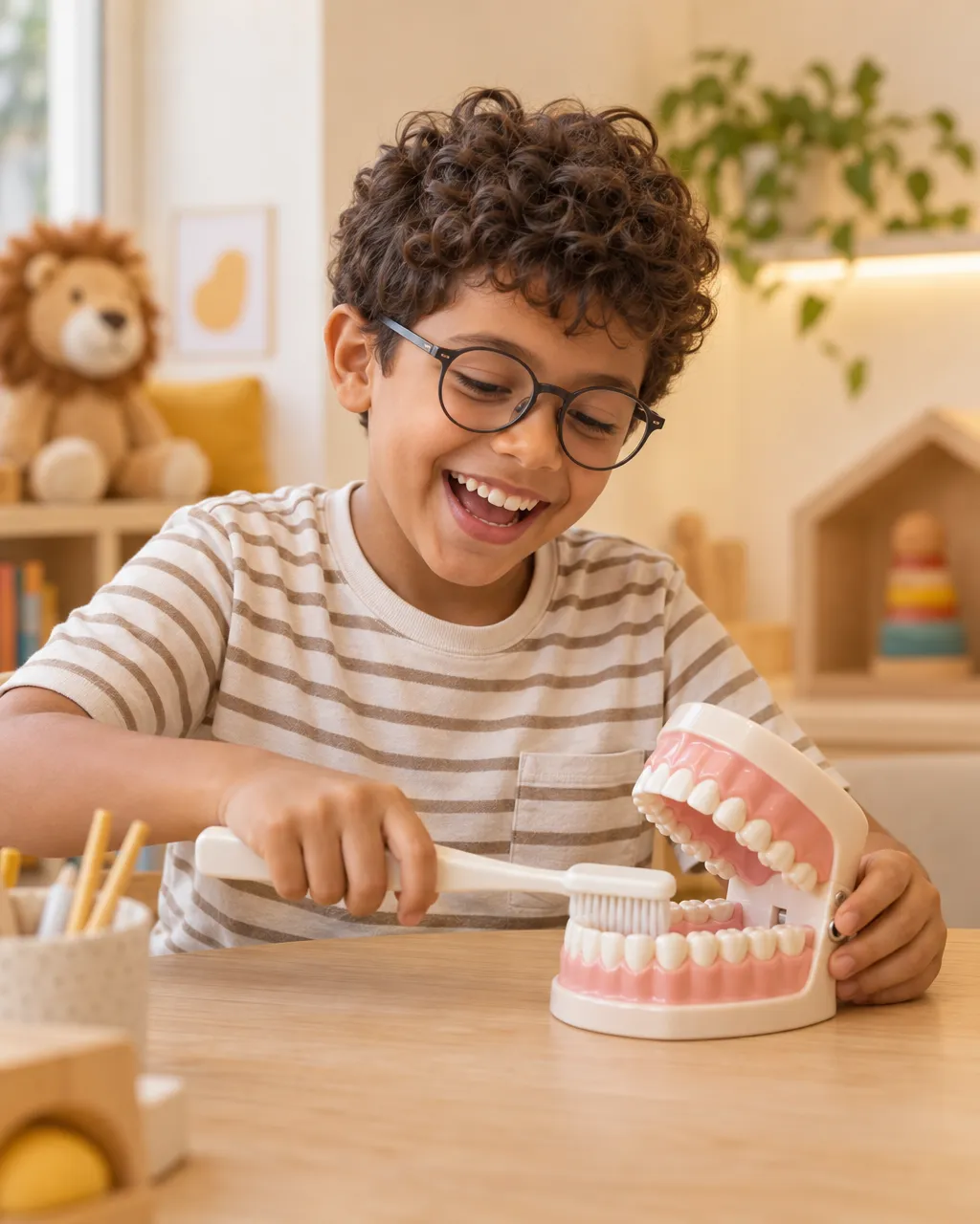 Menino de óculos rindo na mesinha do cantinho infantil enquanto escova um modelo de dentes