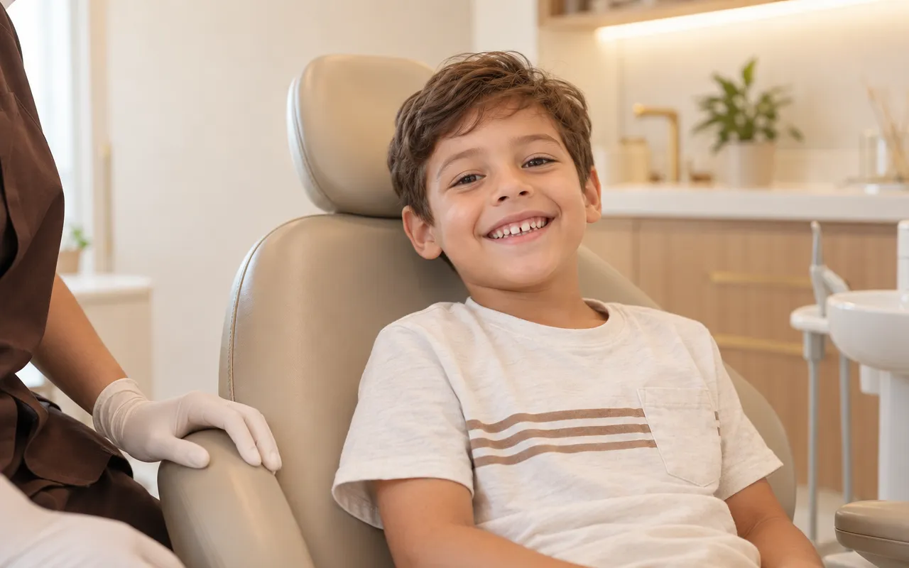 Criança sorrindo na cadeira odontológica durante a avaliação da mordida