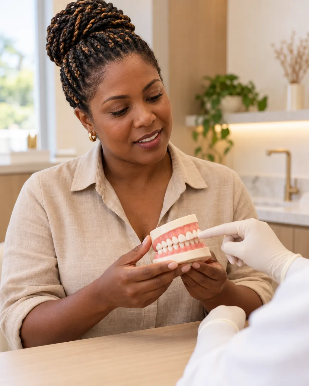 Paciente acompanhando a explicação sobre a gengiva num modelo de dentes, no balcão