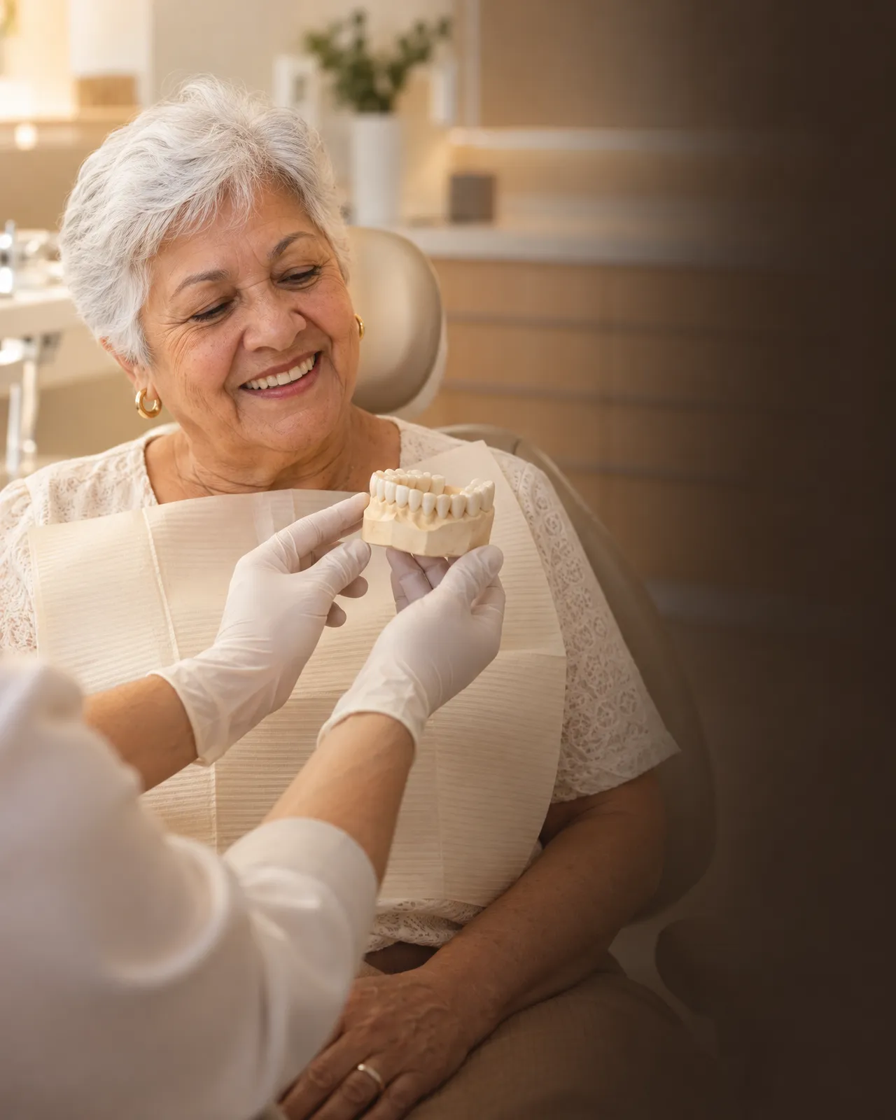 Paciente observando a prova da prótese apresentada pelas mãos enluvadas do dentista