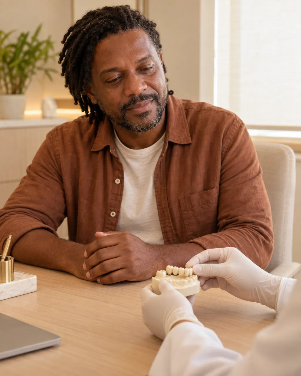 Paciente ouvindo a explicação sobre a prótese apoiada no modelo, na mesa de avaliação