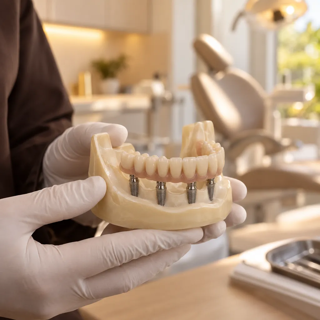 Modelo de arcada com prótese apoiada sobre implantes